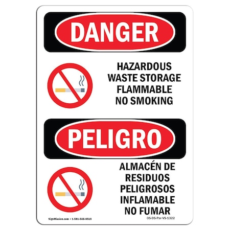 OSHA Danger, Hazardous Waste Storage No Smoking Bilingual, 14in X 10in Rigid Plastic